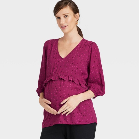 Isabel Maternity 3/4 Sleeve V neck Ruffle Waist Berry Print  Woven Top XS - Picture 1 of 6